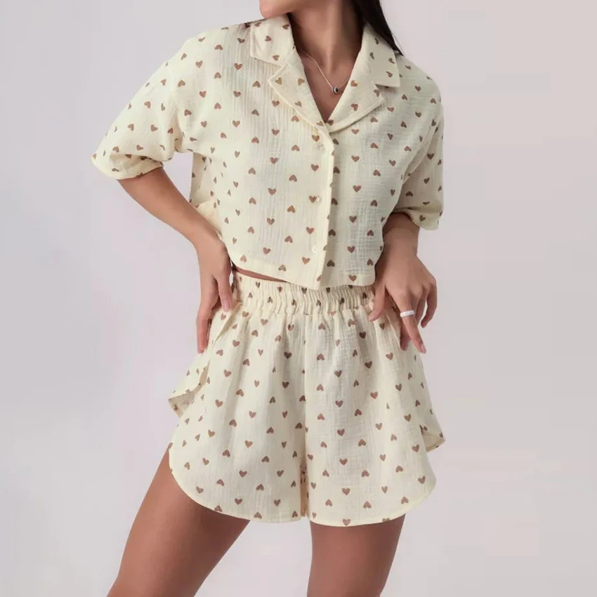 

Women's Heart Print Cotton Gauze Pajamas Set Short Sleeve Lapel Top Elastic Waist Shorts 2-Piece 2026 Summer Casual Loungewear