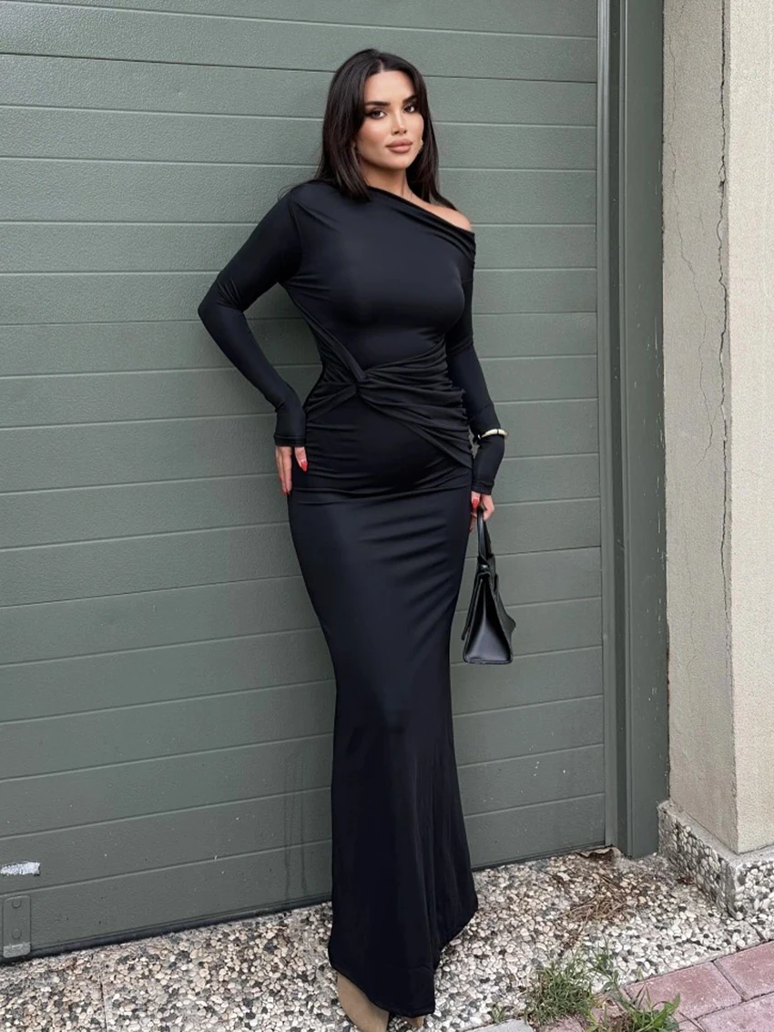 ชุดนอนผู้หญิงฤดูหนาว Marthaqiqi ชุดนอนเซ็กซี่เปิดไหล่ แขนยาว ชุดนอนยาวถึงข้อเท้า แฟชั่นชุดนอนผู้หญิง