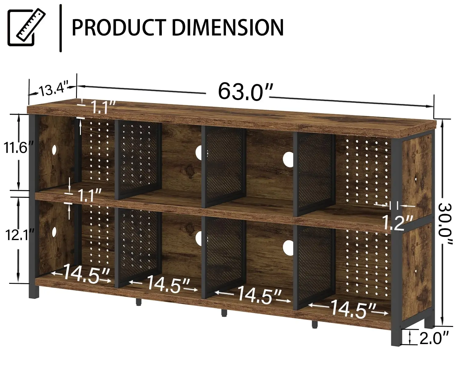 Industrial Wood Bookshelf 63 Inch Horizontal Storage Display Unit Rustic Brown, Customized