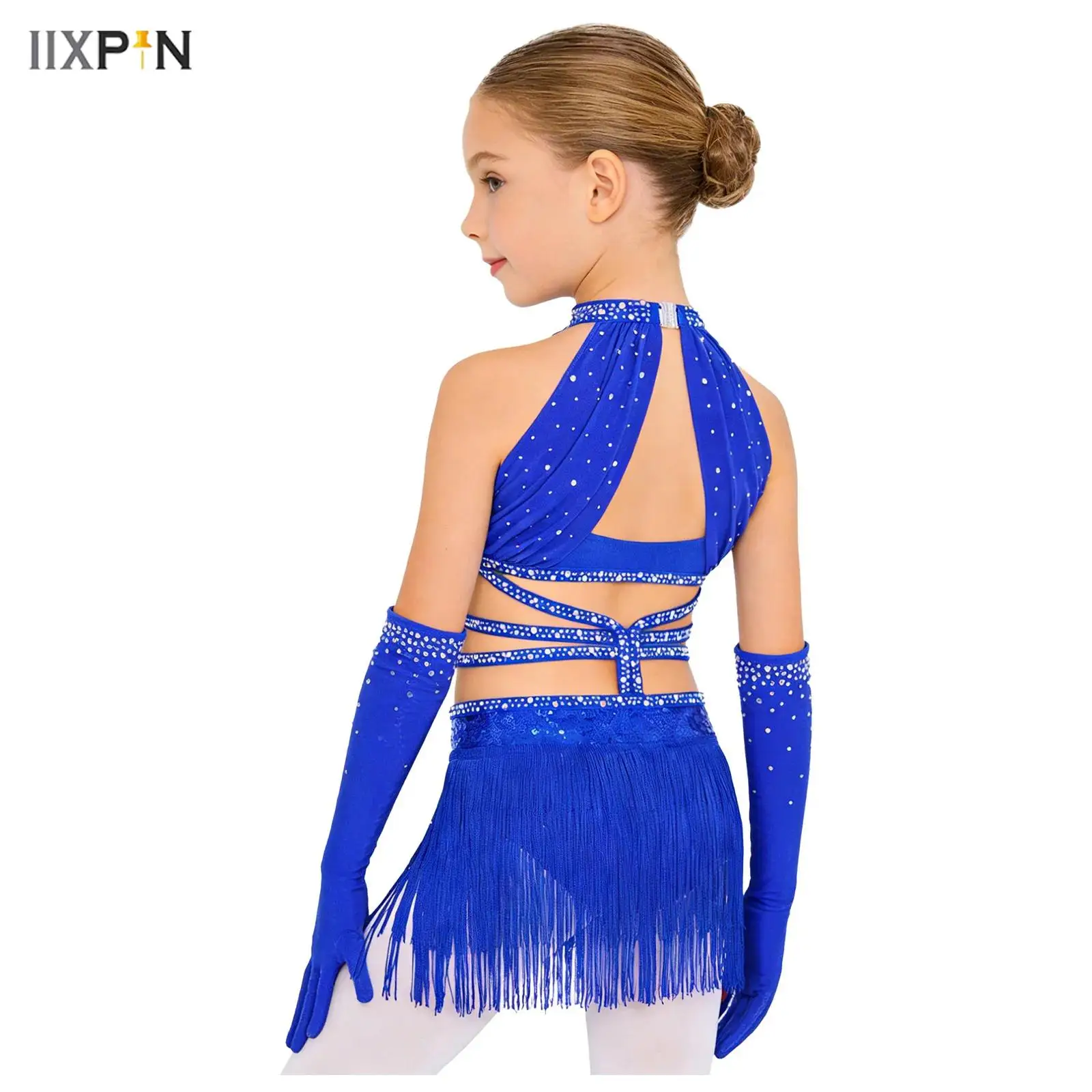 

Kids Girls Latin Tango Dance Set Performance Costume Glittery Rhinestone Ballet Sequin Ruched Mesh Overlay Tassel Leotard Dress