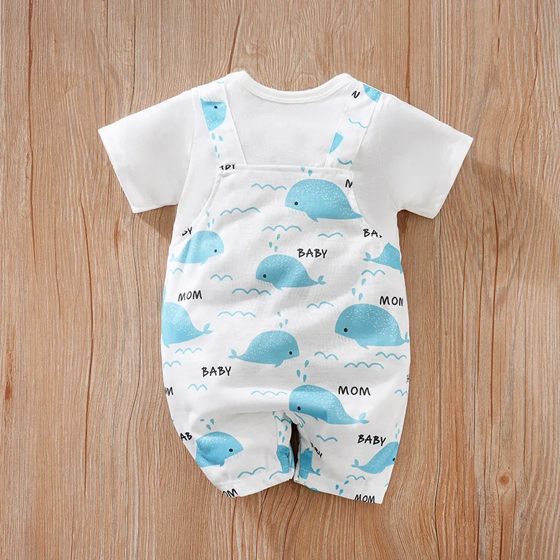 Summer Boys And Girls Cute Cartoon Strap Whale Casual Comfortable Short Sleeve Baby Bodysuit