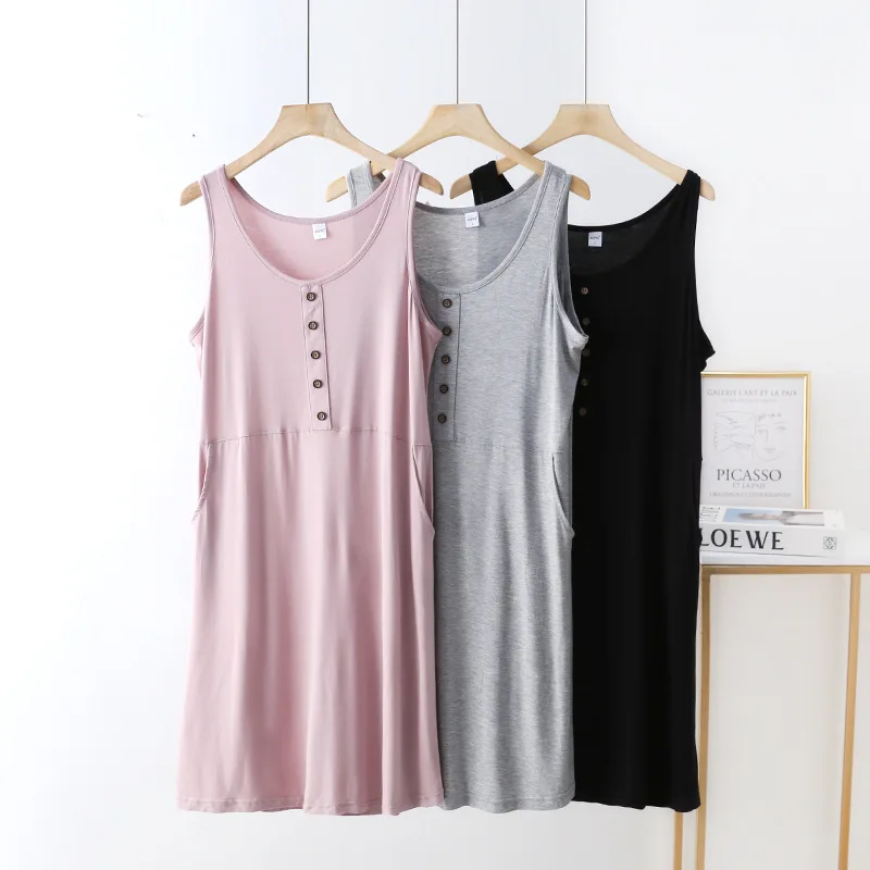 Modal Nightwear Suspender Vest Dress Women's Summer Sleeveless Sleepwear Bottom Skirt Pocket Nightdress A-line Nightgowns