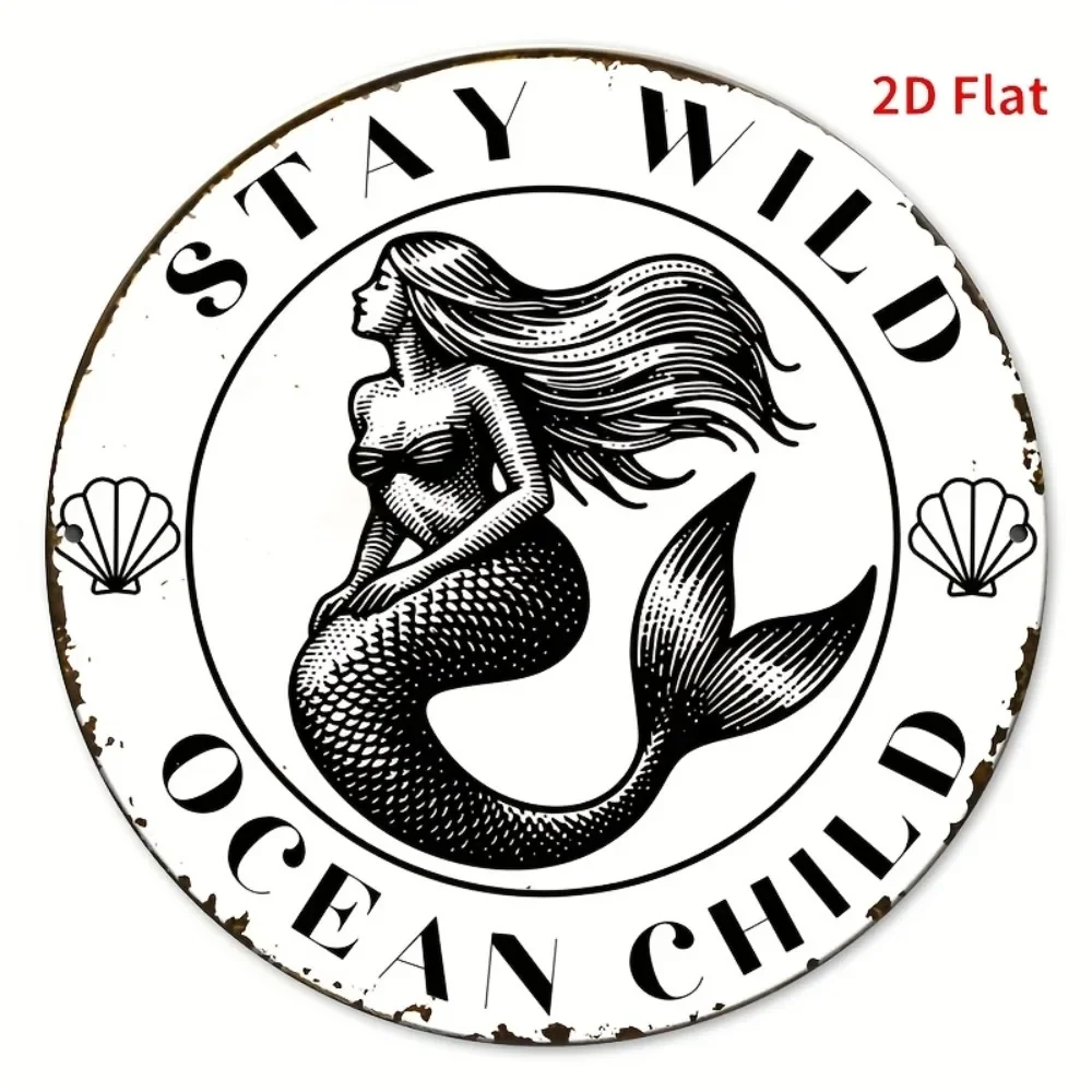 Round Metal Wall Art Print with Sea Shells and Starfish, Rustic Black and White Design, 2D Flat, Stay Wild Mermaid, Ocean-Themed
