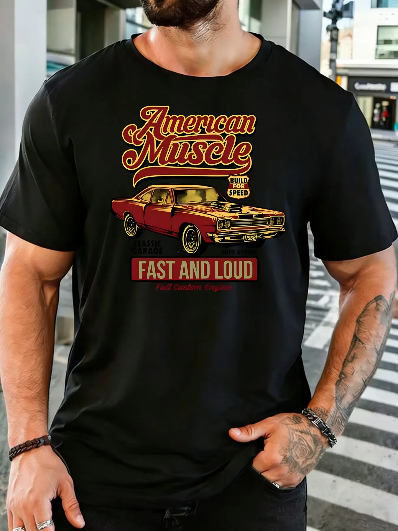 Mens Soft Cotton Tee Vintage American Muscle Car Fast And Loud Garage Graphic O Neck Short Sleeve Loose Casual Auto Fan Top