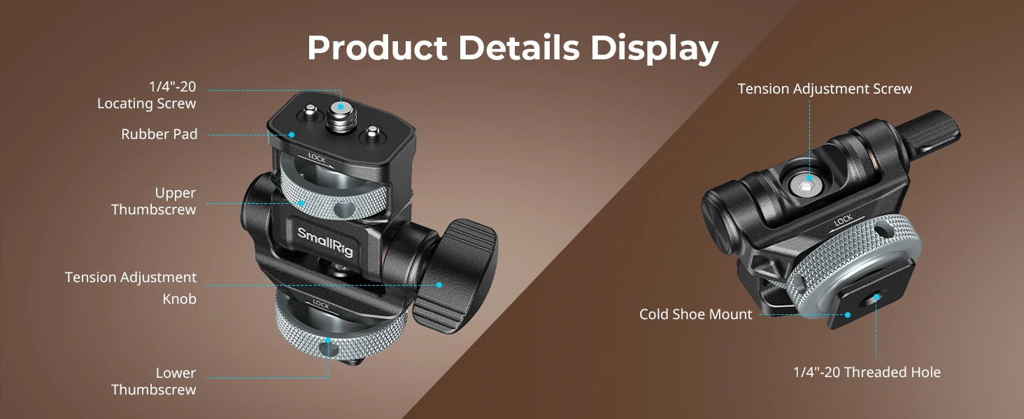 SmallRig Monitorhalterung für horizontale und vertikale Aufnahmen mit Cold-Shoe-Halterung, schwenk- und neigbar, für DSLR-Käfiggriff 6313 – Detail 5