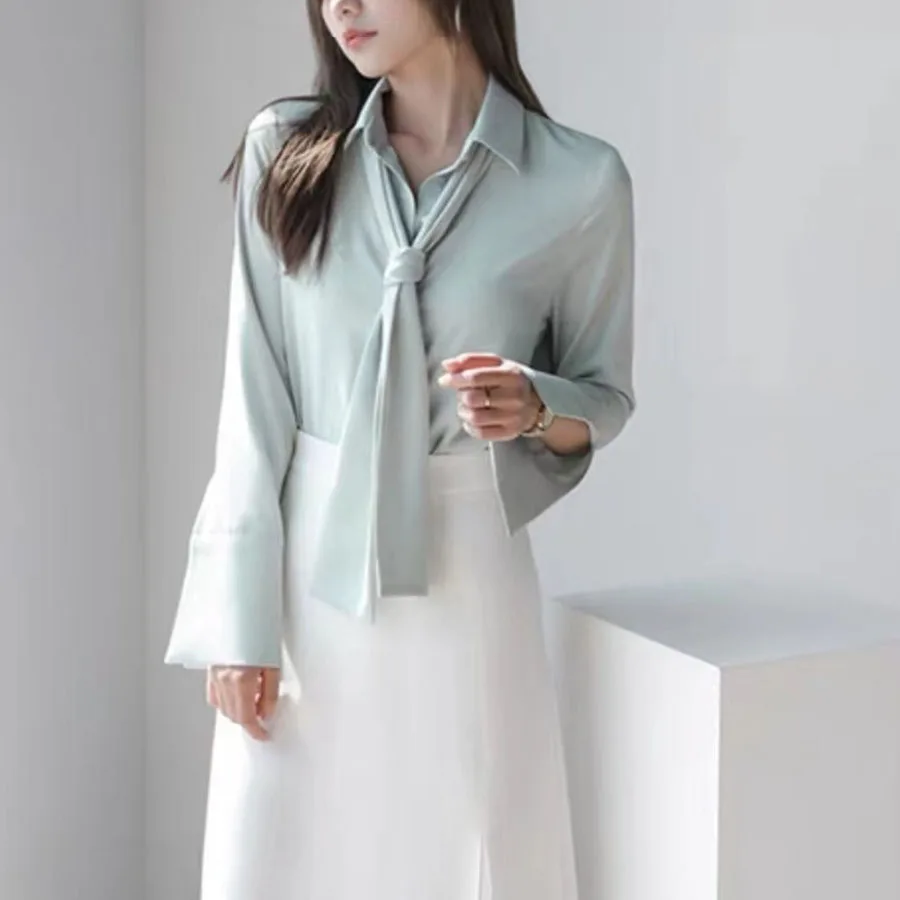 Minority Chiffon Blouse For Women Spring New Detachable Ribbon Long-sleeved Office Lady White Shirts Korean Fashion Female Tops