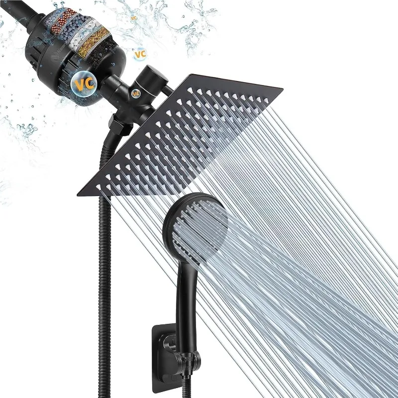 Rain Shower Head, High Pressure 8″Square, and 5 settings Handheld Shower Combo with Self-adhesive Holder/1.5M