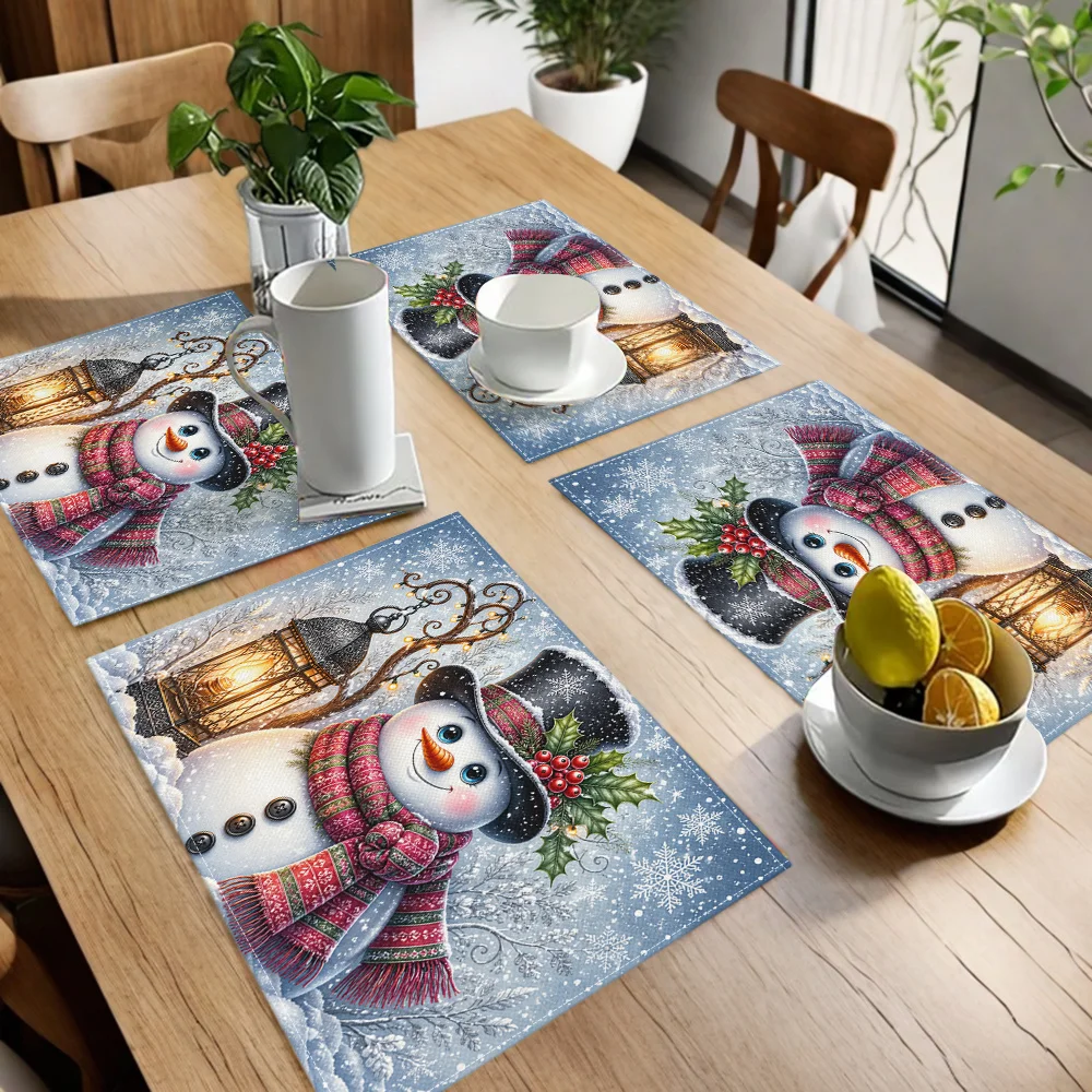 Happy Winter Four Snowmen With Colorful Scarves And Vintage Street Lamp Linen Placemat Christmas Dining Table Cover