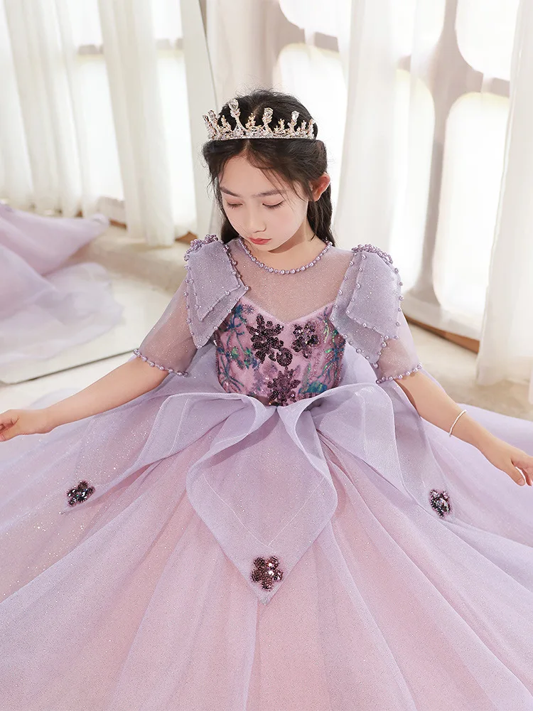 Wedding Princess Dress Violet Lace Teen Girl Vintage Appliques Flower Tulle Costume For Children Flower Girl Prom Long Vestidos