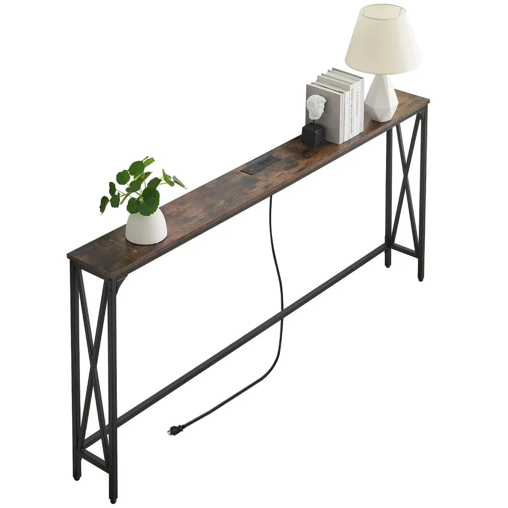 Table Entryway Sofa Table with Power Outlets,Rustic Brown