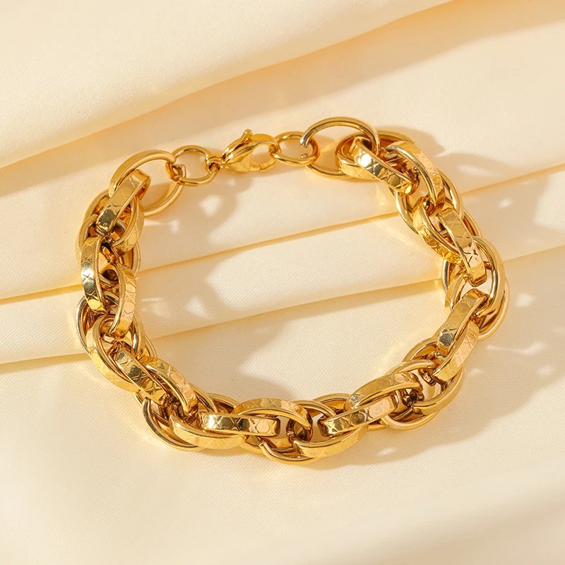 GANEMLY 316L Stainless Steel Metal Thick Cuban Chain Bangle Bracelet For Women Fashion Gold Color Wrist Chain Waterproof Jewelry