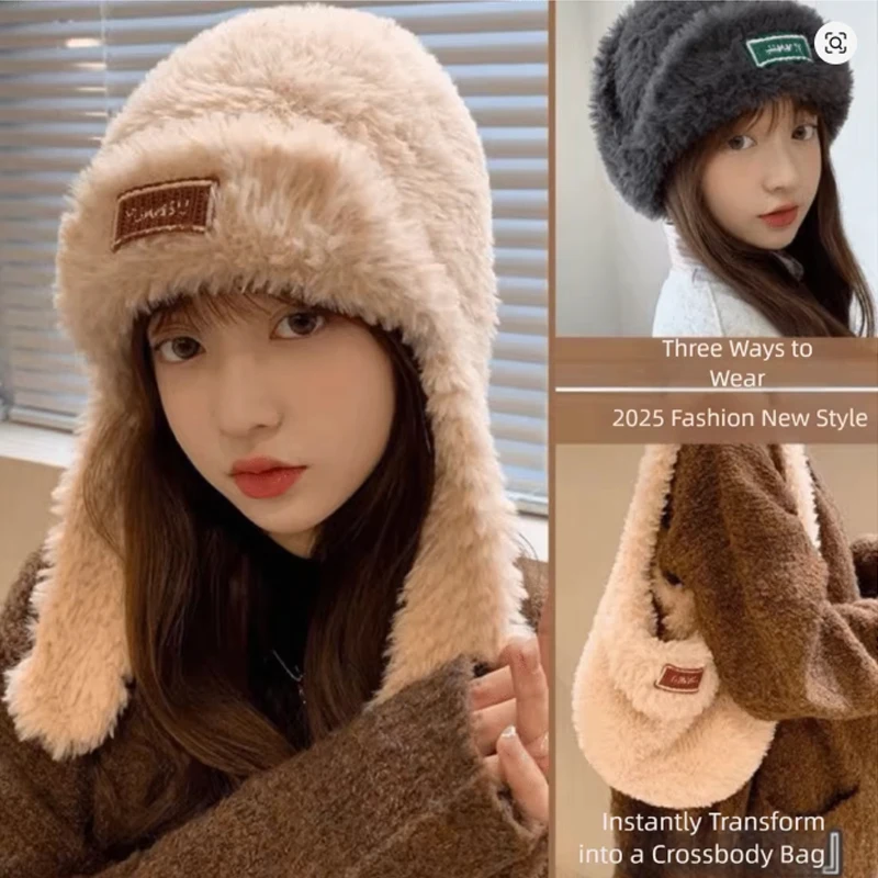 

Women Winter Warm Fluffy Fur Earmuffs Cap Solid Color Knitted Plush Ear Protection Skullcaps Female Girl Outdoor Windproof Hats