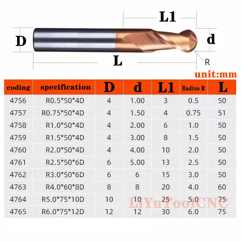 Ball Nose End Mill Tungsten Carbide Cutter  CNC Router Bit Milling Tool 55°  R0.5 2mm 10mm 12mm HRC45 55 65 2Flute Cutting Tools