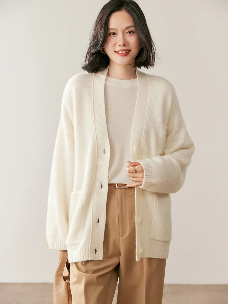 

Exquisite Women's Thick V-Neck Soft Warm Casual Loose Cardigan 100% Cashmere Sweater Autumn Winter Versatile Clothing Tops