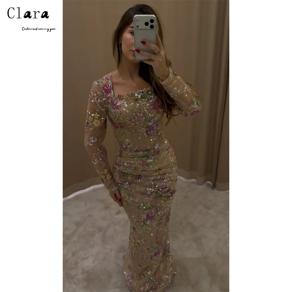 

Clara Custom Flower Long Sleeve Fishtail Square Neck Luxurious Women's Evening Dresses for Events Formal & Evening Gowns Dress