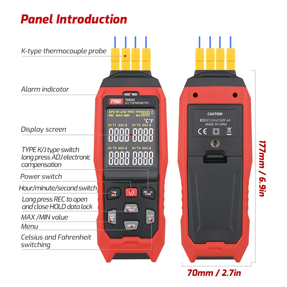 TA612C 4 Channels K/ J Type Thermocouple Thermometer Digital LCD Temperature Meter 5000 Groups Data Storage with USB Data Upload