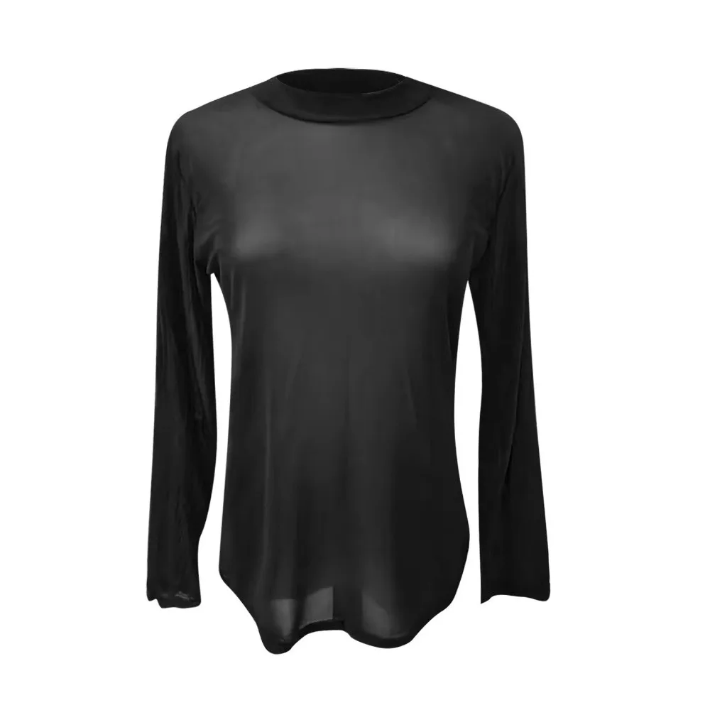 Trendy Sexy Women Top Ultra-Thin Half-High Collar Long-Sleeved Tee High Elastic Elastic Tight See Through Top Party Wear