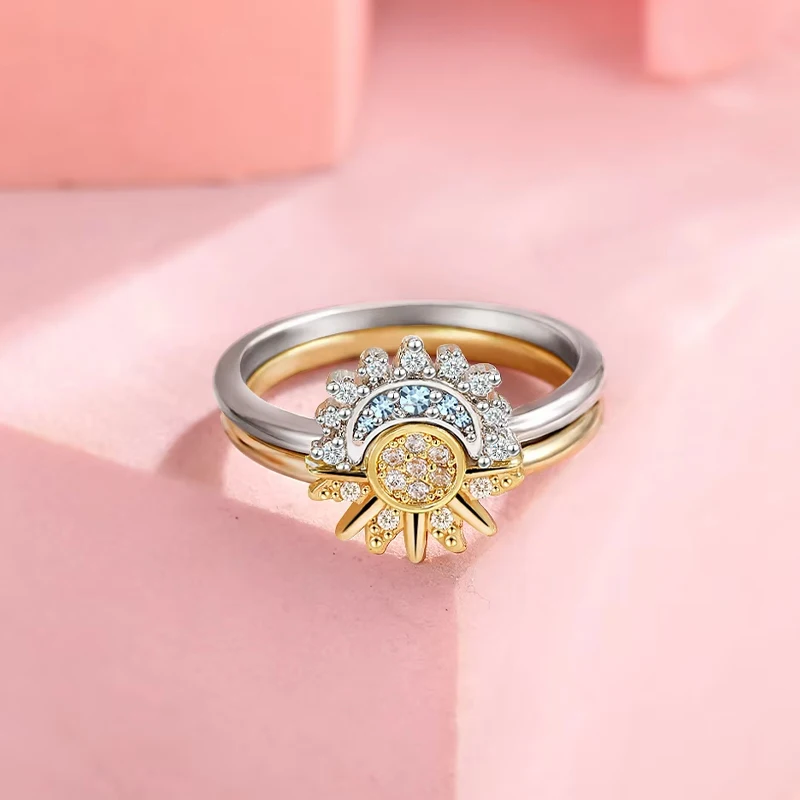HOT 925 Silver Sun and Moon Couple Ring Set Sky Blue Sparkling Cubic Zircon Rings Promise Fine Jewelry Gifts for Valentines Day