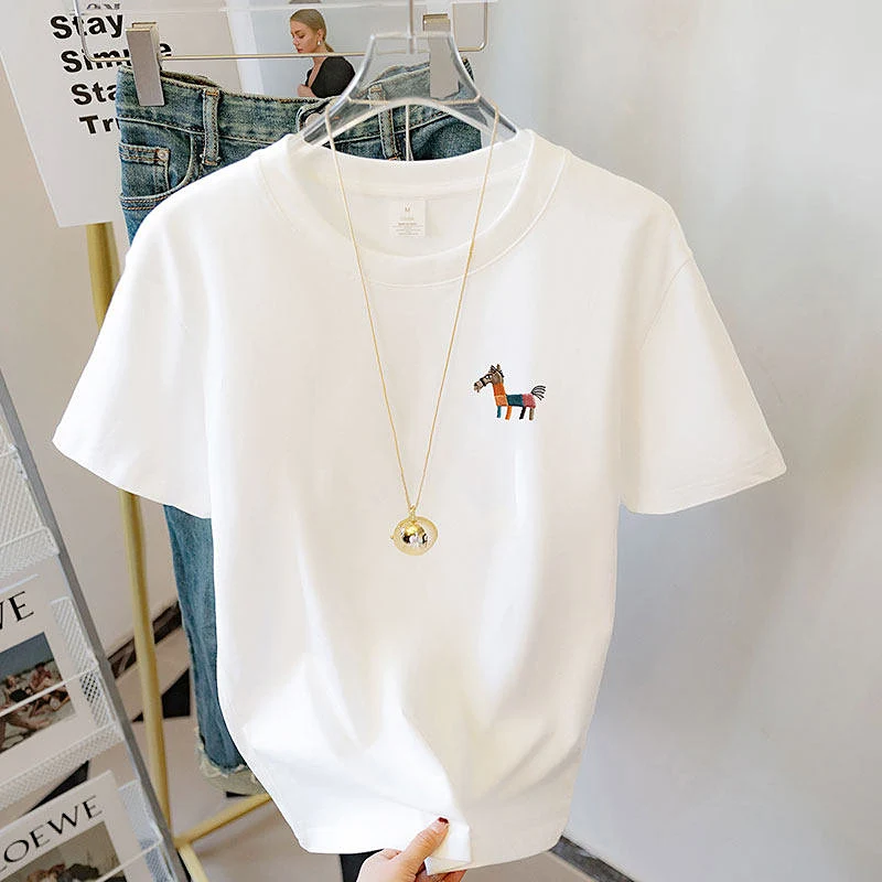 Women's Unisex Short Sleeve T-Shirt 100% Cotton Embroidered Pony White New Arrival 2026 Plus Size Loose Fit Versatile Student Co