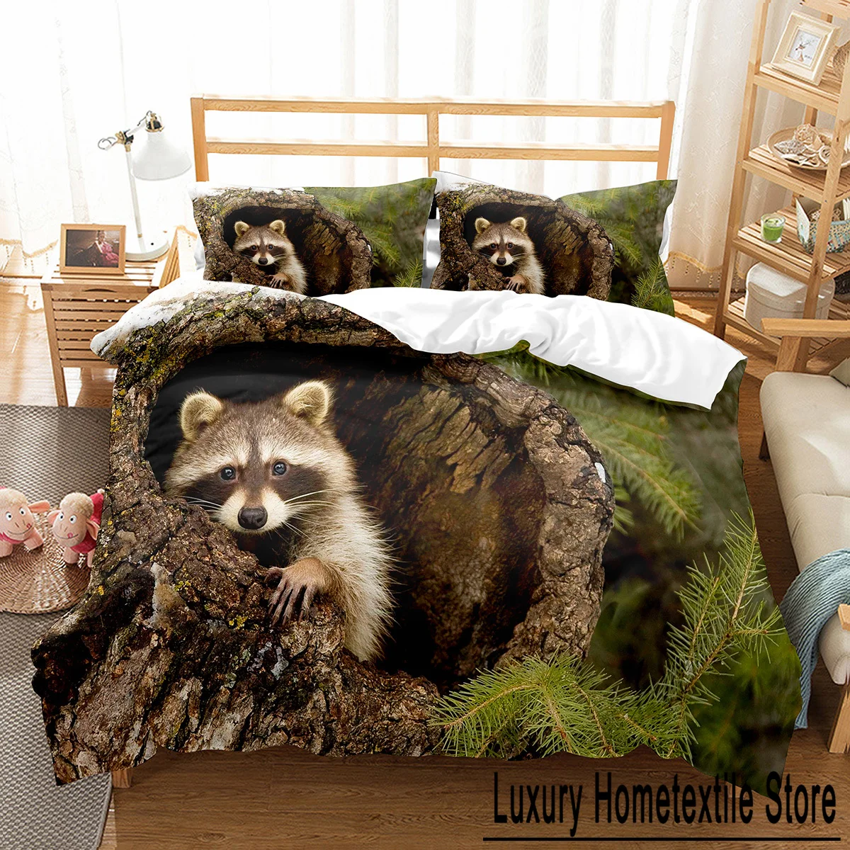 Raccoon Duvet Cover Set Cute Wild Animals Polyester Comforter Cover King Queen Size for Boy Girl Bedding Set with Pillowcase