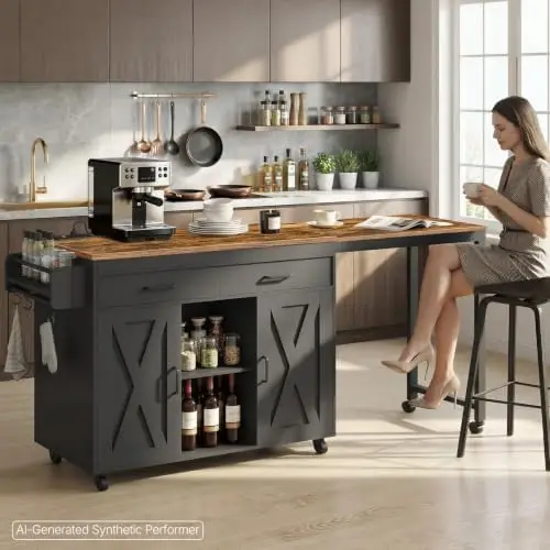Extendable Kitchen Island, Large Mobile Kitchen Storage Island, Rolling Kitchen Cart with Outlets, Island Table for