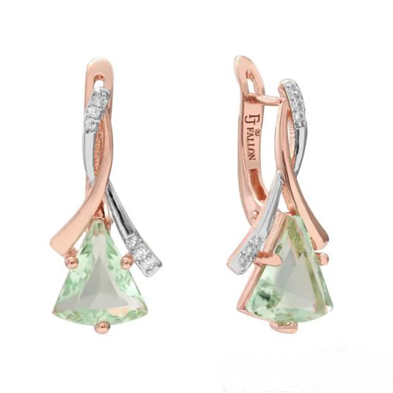 FJ Women Ladies 585 Rose Gold Color Light Green Triangle Stone Dangle Drop Earrings