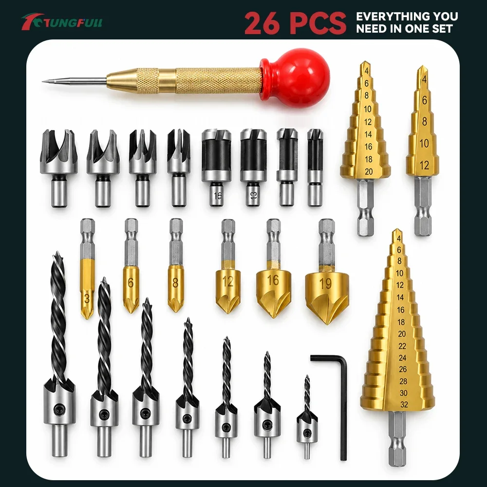 26pcs 10pcs HSS Straight Groove Step Drill Countersink Twist Drill Bit Set Titanium Coated Wood Metal Hole Cutter Core Drill Bit