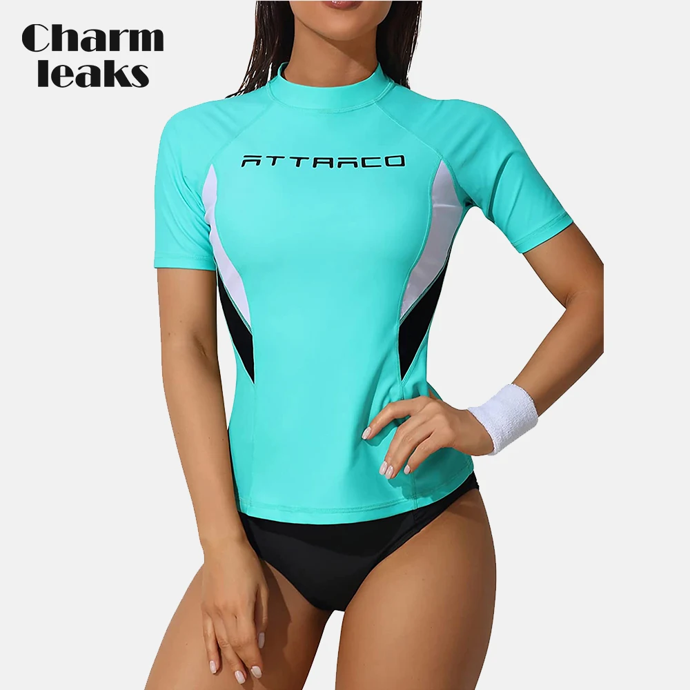 Charmleaks Women Rash Guard Crew Neck Color Block Elastic Surfing Shirt UPF 50+ Soft Short Sleeves Swimwear Hike Top