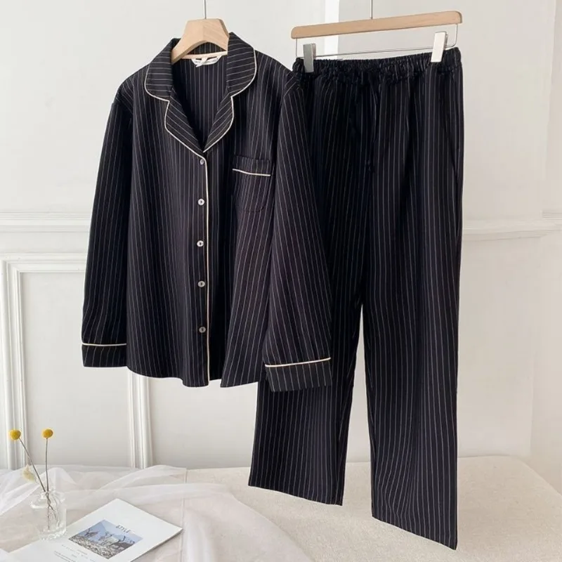 Couple Pajamas for Men Striped Sleepwear Korean Sleeping Night Wear Button Pijama 2 Pcs Pants Sets Autumn Pocket Home Suit 2024