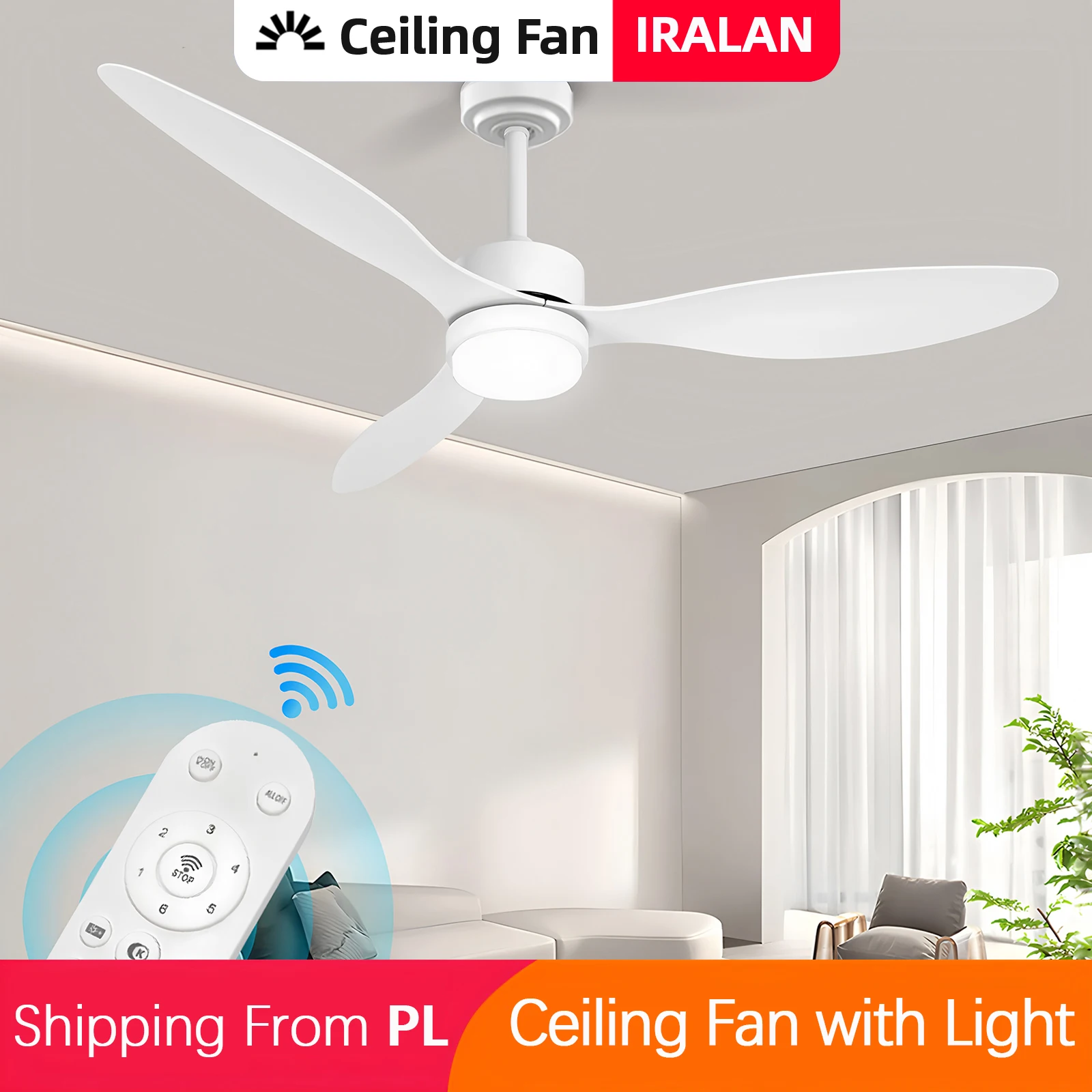 Ventilateur de plafond intelligent IRALAN avec lumière, moteur DC écoénergétique, 6 vitesses, télécommande, variation d'intensité lumineuse progressive pour chambre et loft