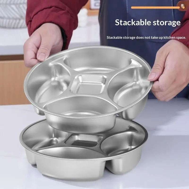 Round Divided 5-Compartment Stainless Steel Serving Tray Stackable Prep Dish for Family Gathering Nuts Fruit Appetizer Use