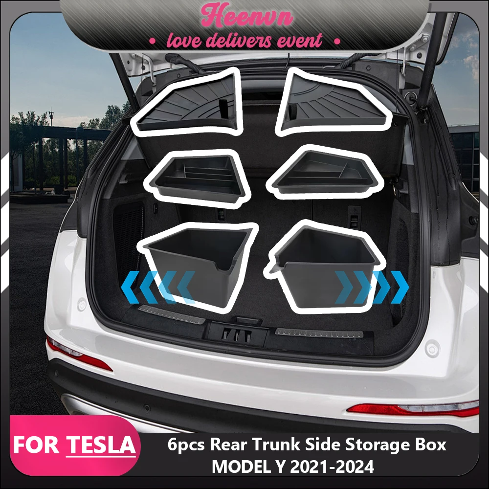 6pcs For Tesla Model Y Trunk Side Storage Box TPE Trunk Double-layer Storage Bucket 2024 Car Interior Accessories Black