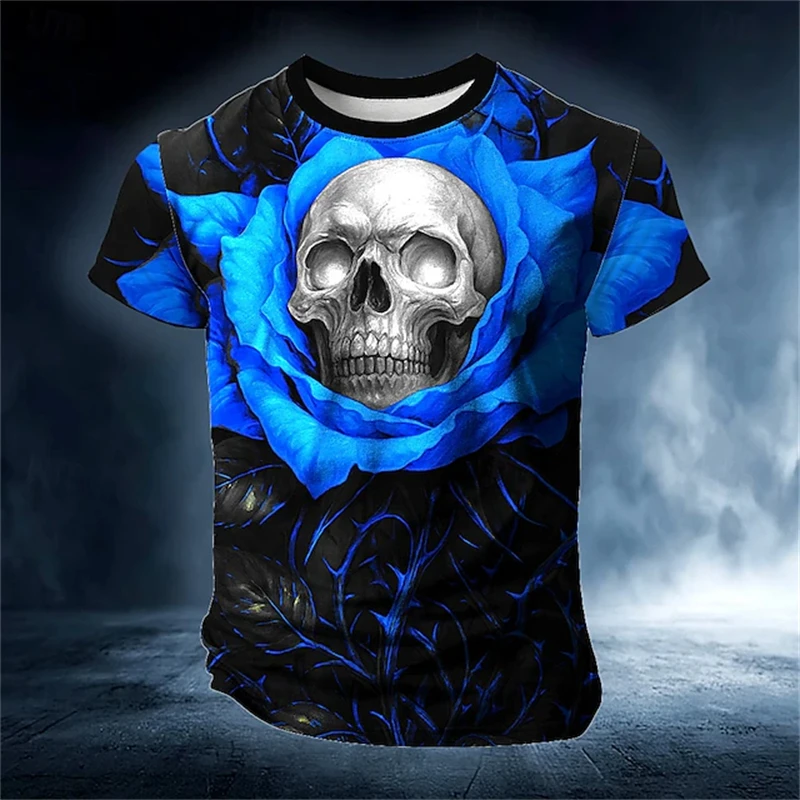 3D Rose Skull Print Men's T-shirt Summer Fashion Loose Round Neck Short Sleeve Tops Outdoor Dazzling Cool Pattern Men Clothing