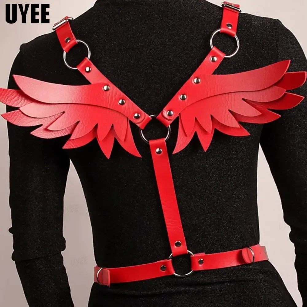 

UYEE Punk Angel Wings Woman Red PU Leather Harness Belt Gothic Fairy Wings Adults Cosplay Festival Kawaii Accessories Halloween