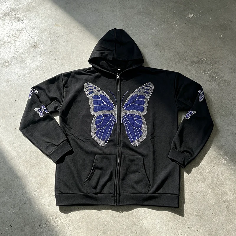Women Rhinestone Butterfly Zip Up Hoodie Y2K Vintage Oversized Streetwear Casual Loose Long Sleeve Hooded Sweatshirt With Pocket