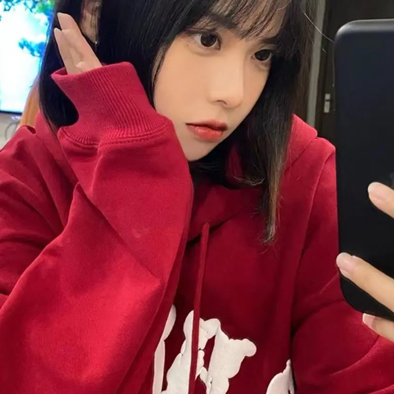 Christmas Red Hooded Sweatshirt Women Oversized Hoodie Harajuku Korean Fashion Long Sleeve Pullovers Preppy Look Aesthetic