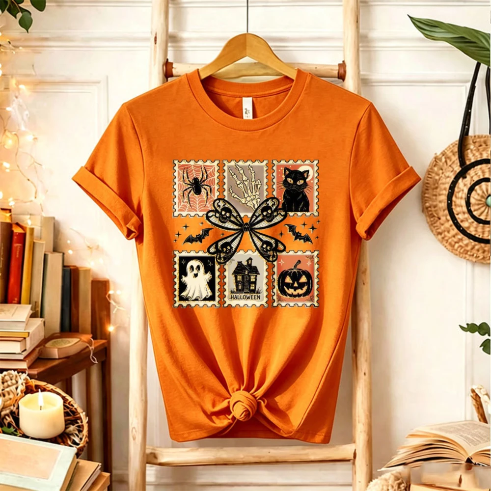Halloween Stamp Collage Graphic T‑Shirt Spider Black Cat Ghost Pumpkin Haunted House Bow Bat Postage Stamp Holiday Casual Tops