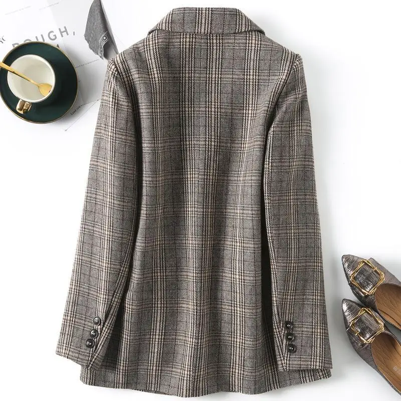 Korean Style Temperament Long Sleeved Loose Mid Length Suit Jacket Women's Autumn Winter New Fashion Lapel Plaid Button Pocket