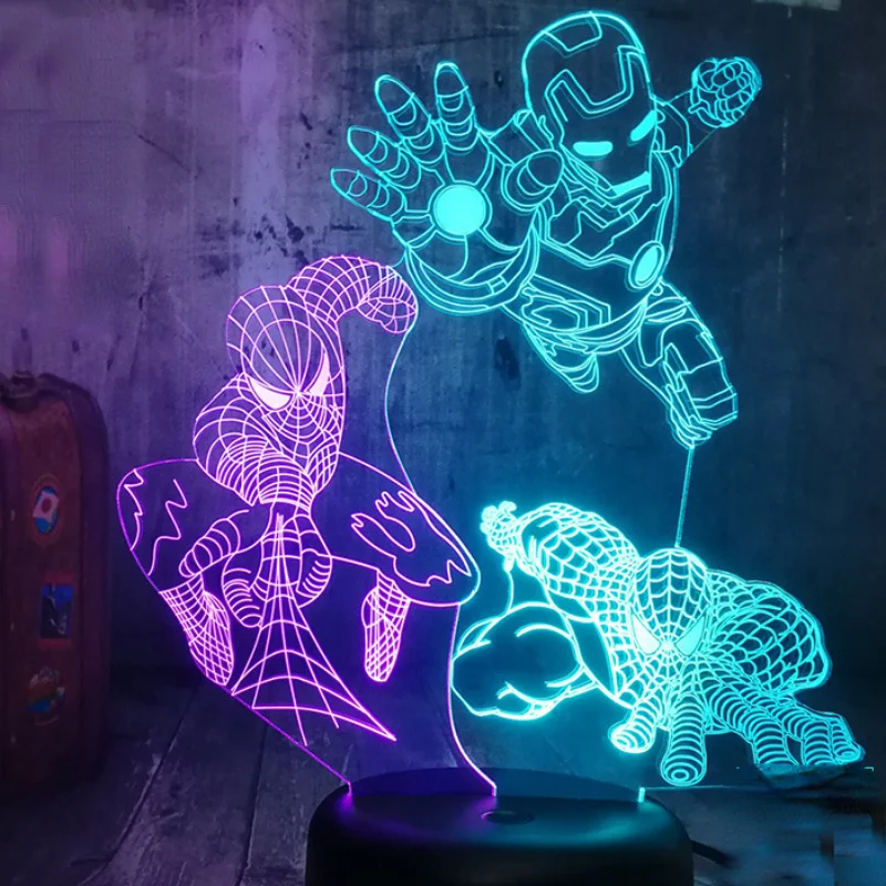 Disney-Lámpara Led de Los Vengadores de Marvel, lámpara de noche pequeña creativa de Iron Man y Spider Man, decoración colorida 3d para dormitorio