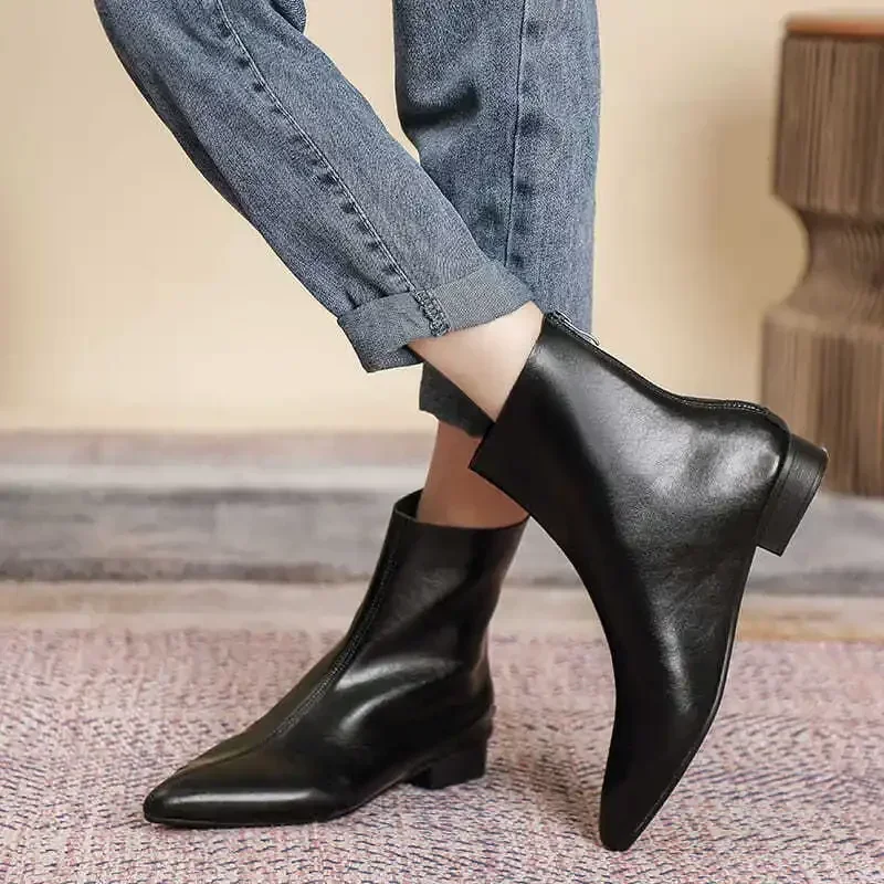 33 Pointed Toe Genuine Leather Short Boots Autumn Women\'s Single Ankle Boots Black Soft Leather Low Heel Boots Size 41 42