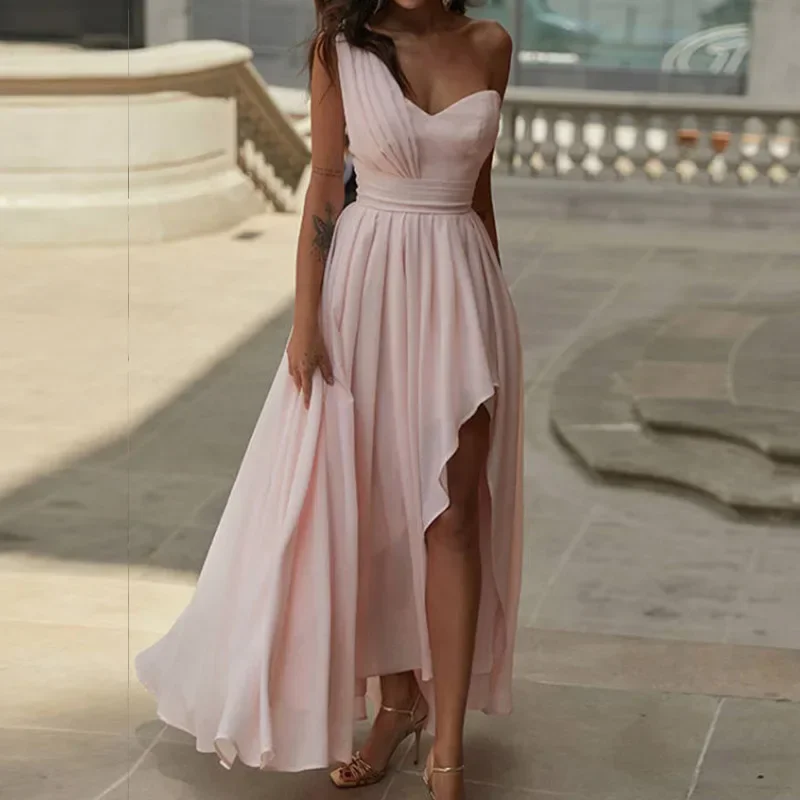 Elegant Women One Shoulder Ruched  Maxi Dresses Summer Asymmetrical Ruffles Long Dress Evening Party Dresses Vestidos De Noche