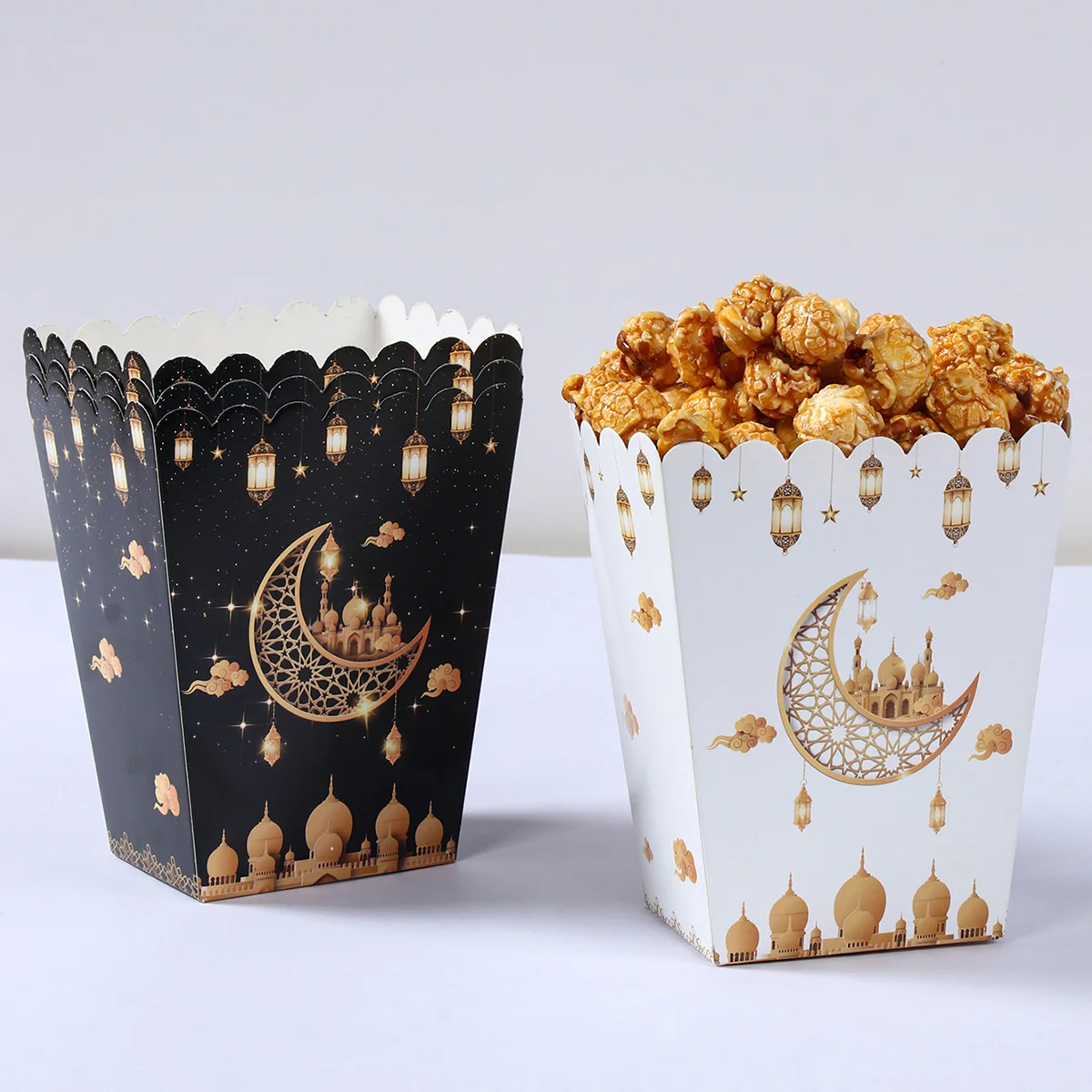 

6pcs Eid Mubarak Popcorn Box Moon Castle Gift Box For Party Candy Cookie Snack Packaging Supplies Islamic Mubarak Ramadan Decor