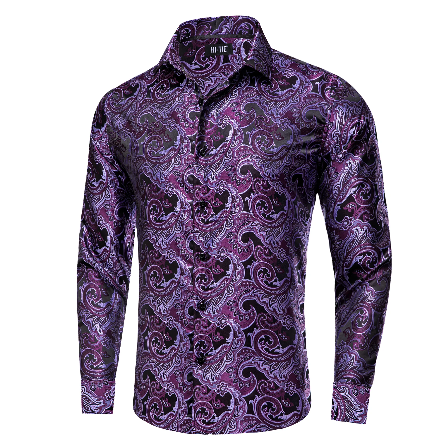 Elegant Green Grey Mens Shirts High Quality Silk Long Sleeve Paisley Lapel Jacquard Shirt For Male Business Wedding Party Hi-Tie