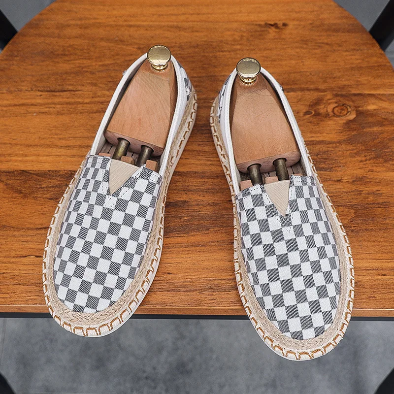 2024 Men Canvas Casual Shoes for Man Spring Summer Fashion Checkered Flat Fisherman Shoes New Design Slip-on Loafers