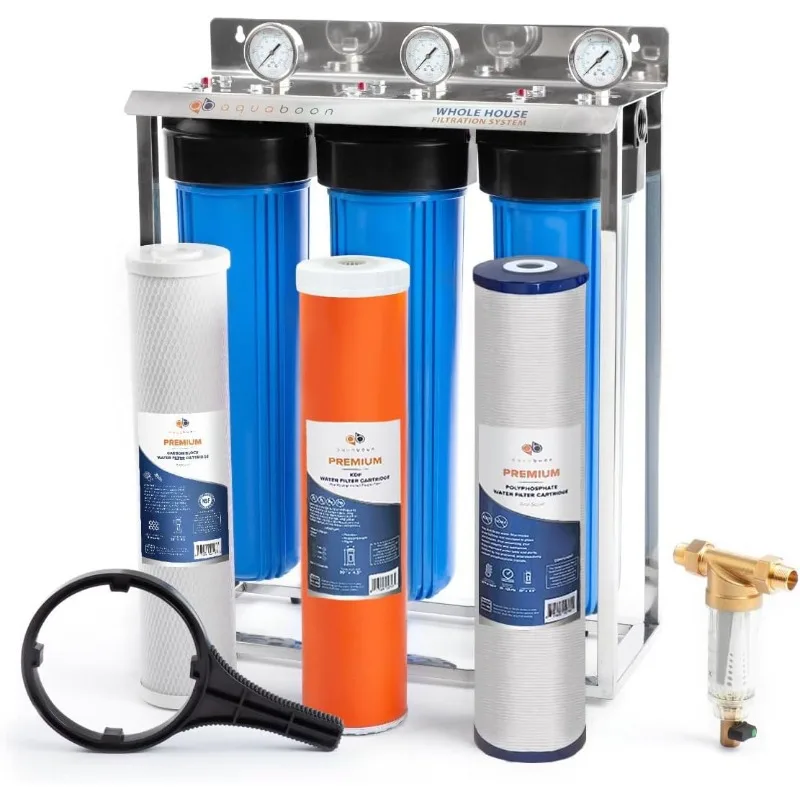 Aquaboon 3-Stage Water Filter System 20x4.5 with Carbon Block, Anti-Scale, KDF Filters, Pressure Gauge & Release, Wrench