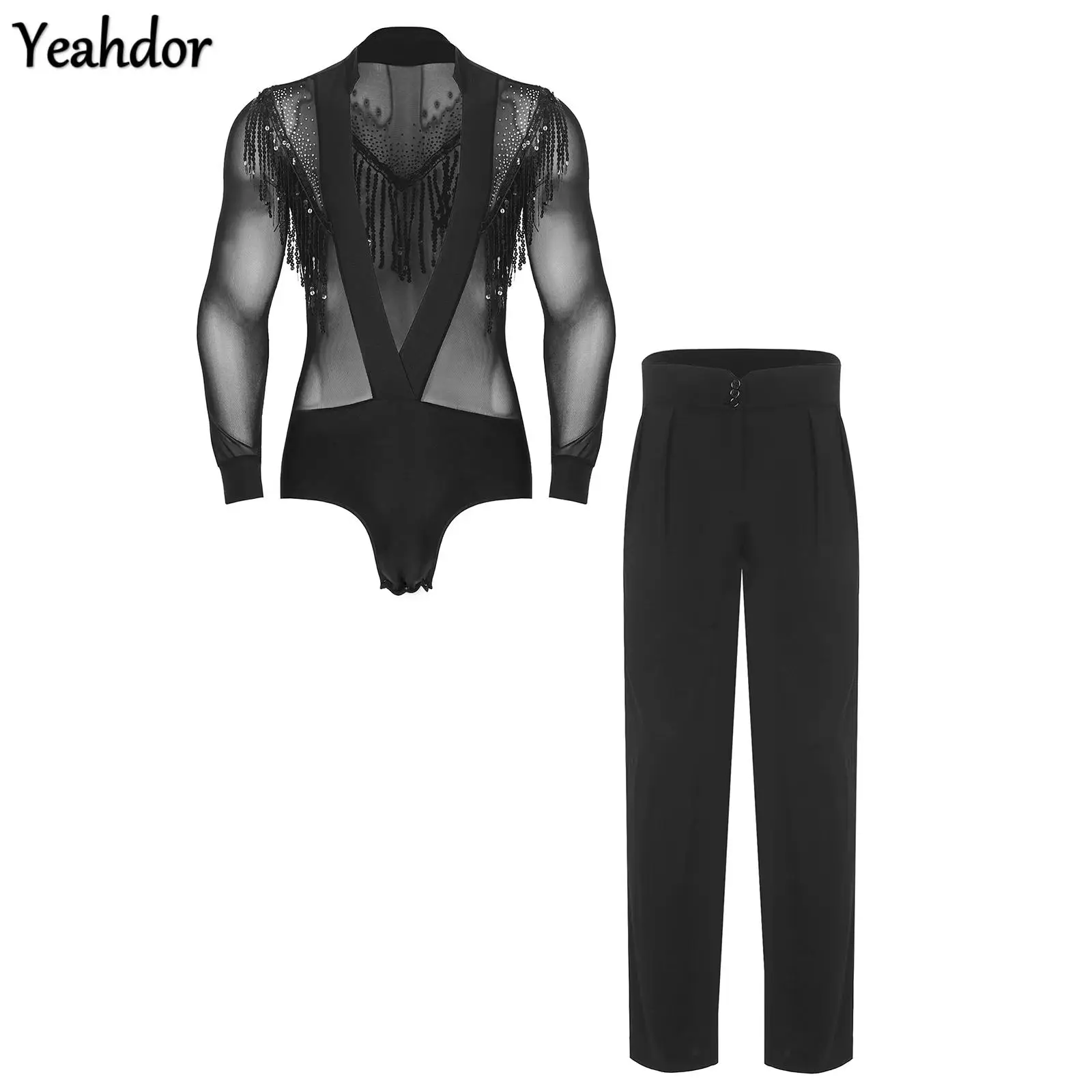 

Men Latin Dance Outfit V-neck Long Sleeve Sequin Tassel Mesh Ballet Dance Leotard Shirt Top +Pants Chacha Gymnastics Bodysuit