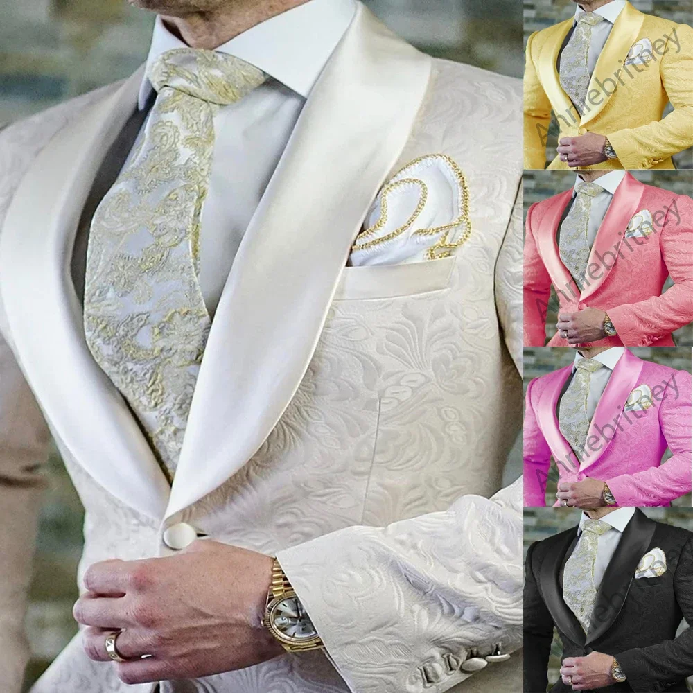 

2024 Luxury Jacquard Ivory Men Suits Groom Tuxedos Prom Slim Fit Blazer Hombre High Quality Custom 3 Piece Set Costume Homme