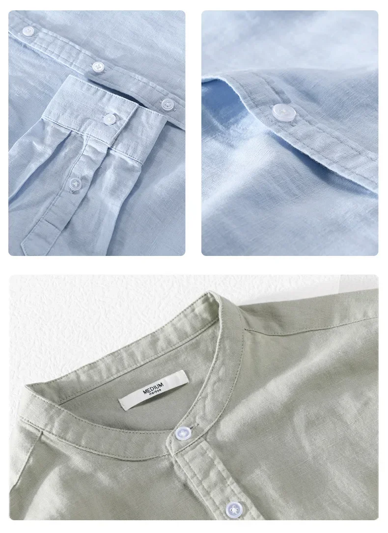 

Хлопково-льняная рубашка с длинным рукавом, мужские весенне-летние пляжные мужские рубашки 4XL, однотонная рубашка с воротником-стойкой, дышащий топ, простая одежда