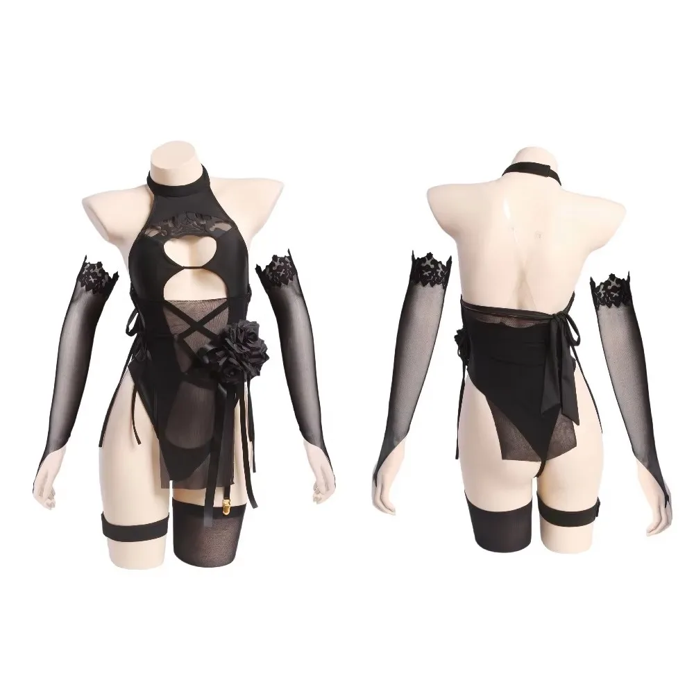 NieR:Automata 2B Cosplay Costume Black Sheer Dress Outfit Halloween Party Suit Black Sheer Mesh Dress Sexy Lingerie Costume
