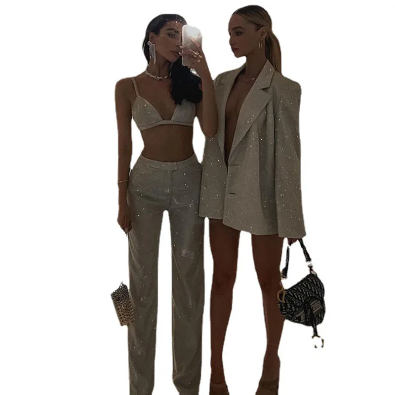 Suspender Vest Slim Coat Straight Leg High Waist Pants Sexy Vest Sequin 2023 New Spring Coat Hip Hop Hip Bar Suit Set